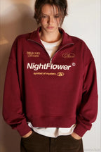 Letter Print Half Zip Stand Collar Loose Sweatshirt