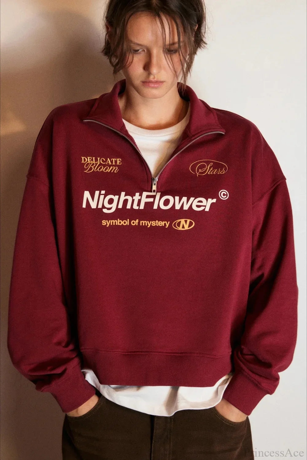 Letter Print Half Zip Stand Collar Loose Sweatshirt