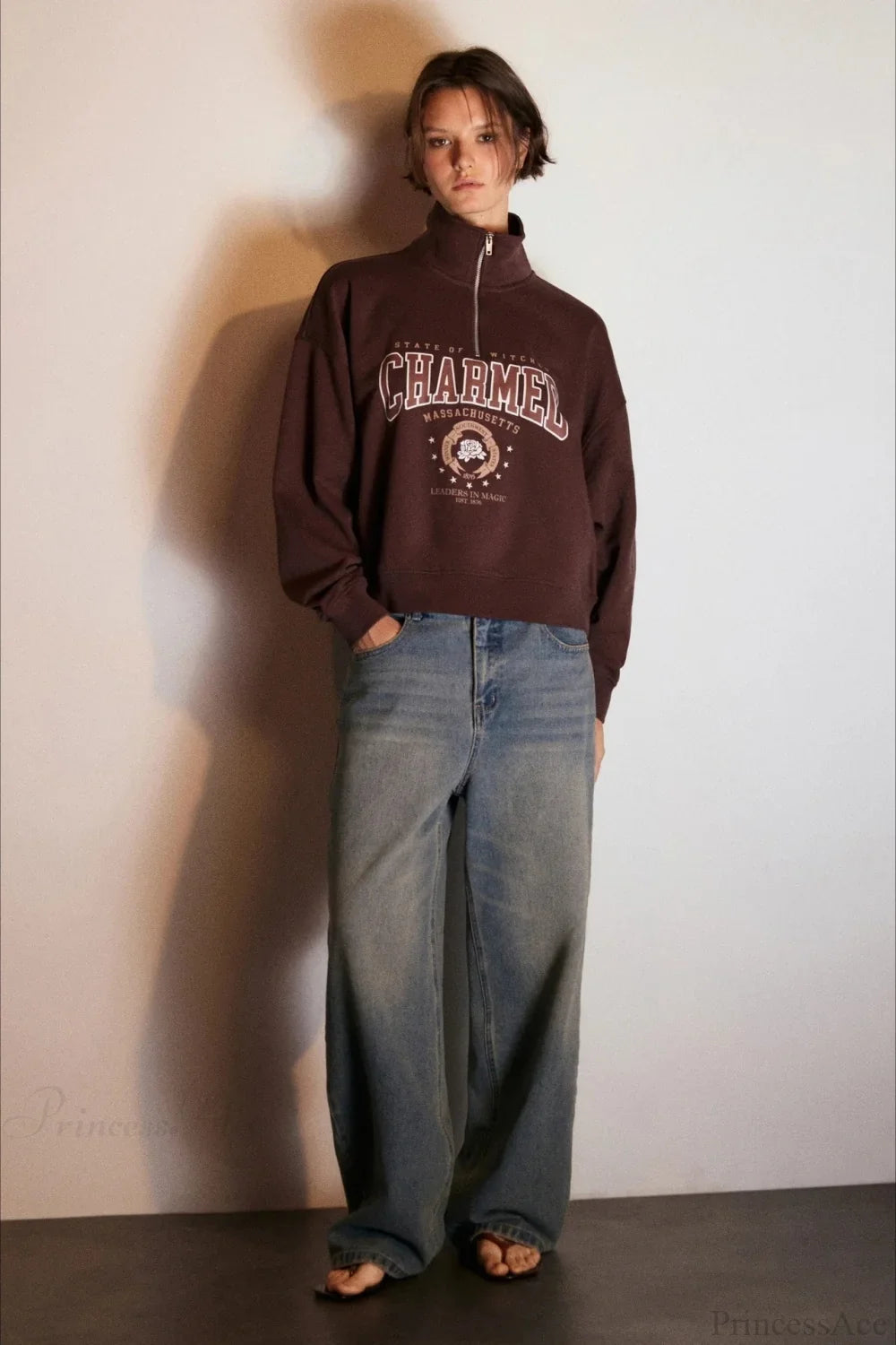 Letter Print Half Zip Stand Collar Loose Sweatshirt