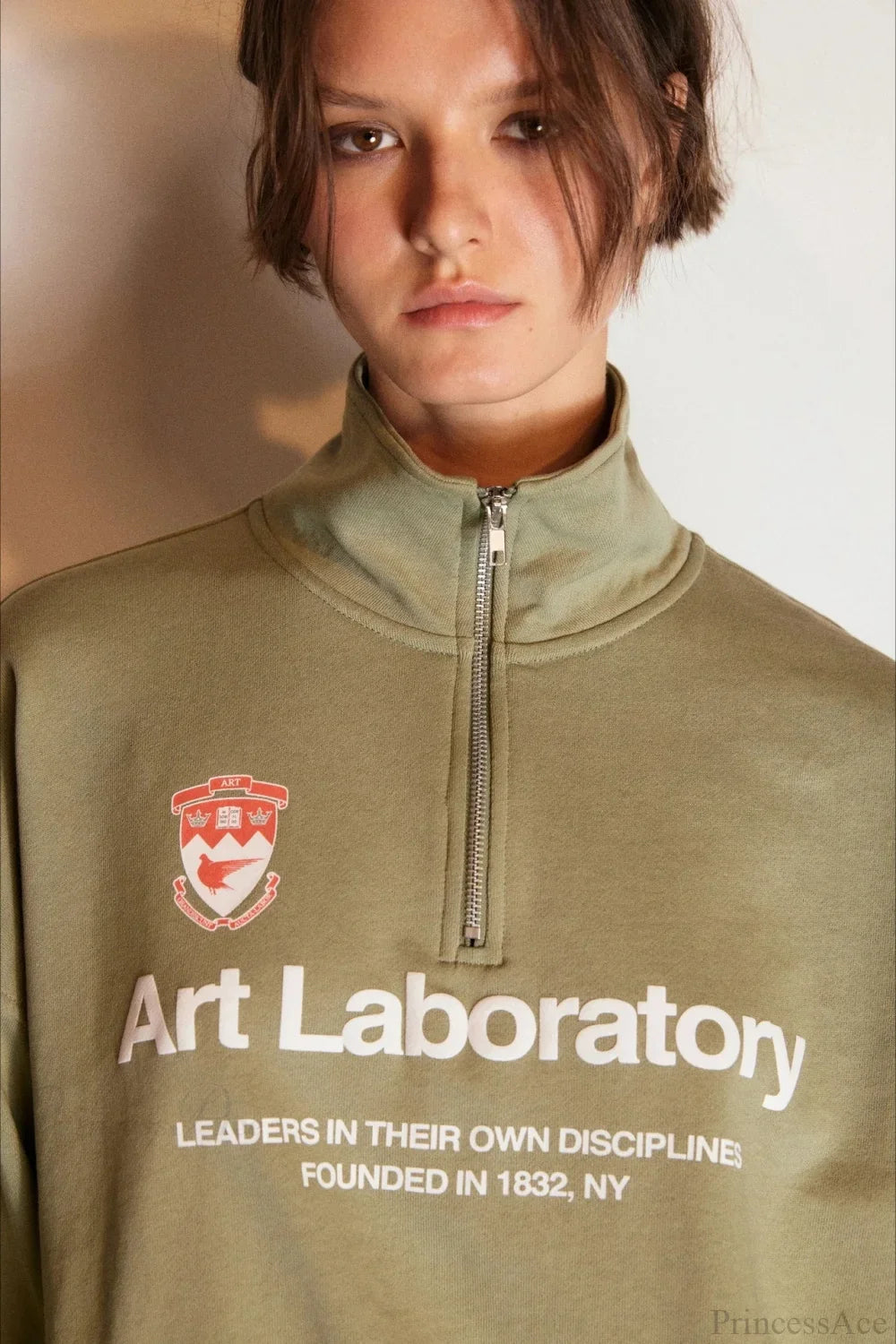 Letter Print Half Zip Stand Collar Loose Sweatshirt