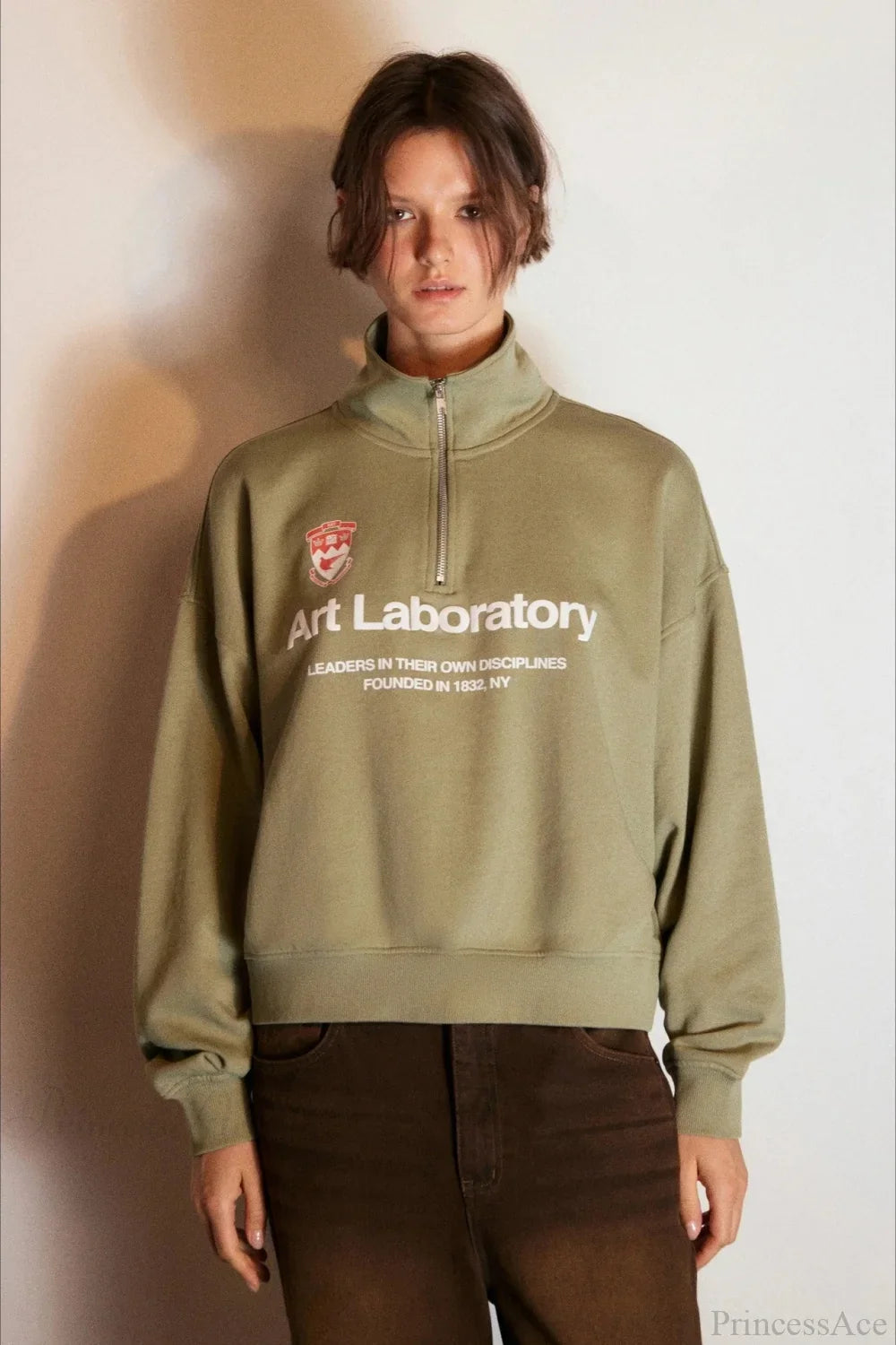 Letter Print Half Zip Stand Collar Loose Sweatshirt