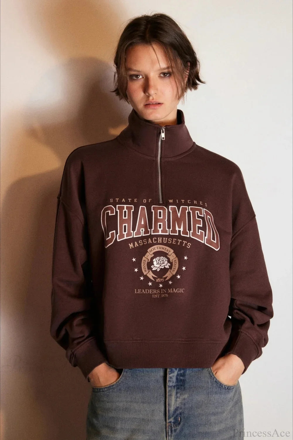 Letter Print Half Zip Stand Collar Loose Sweatshirt