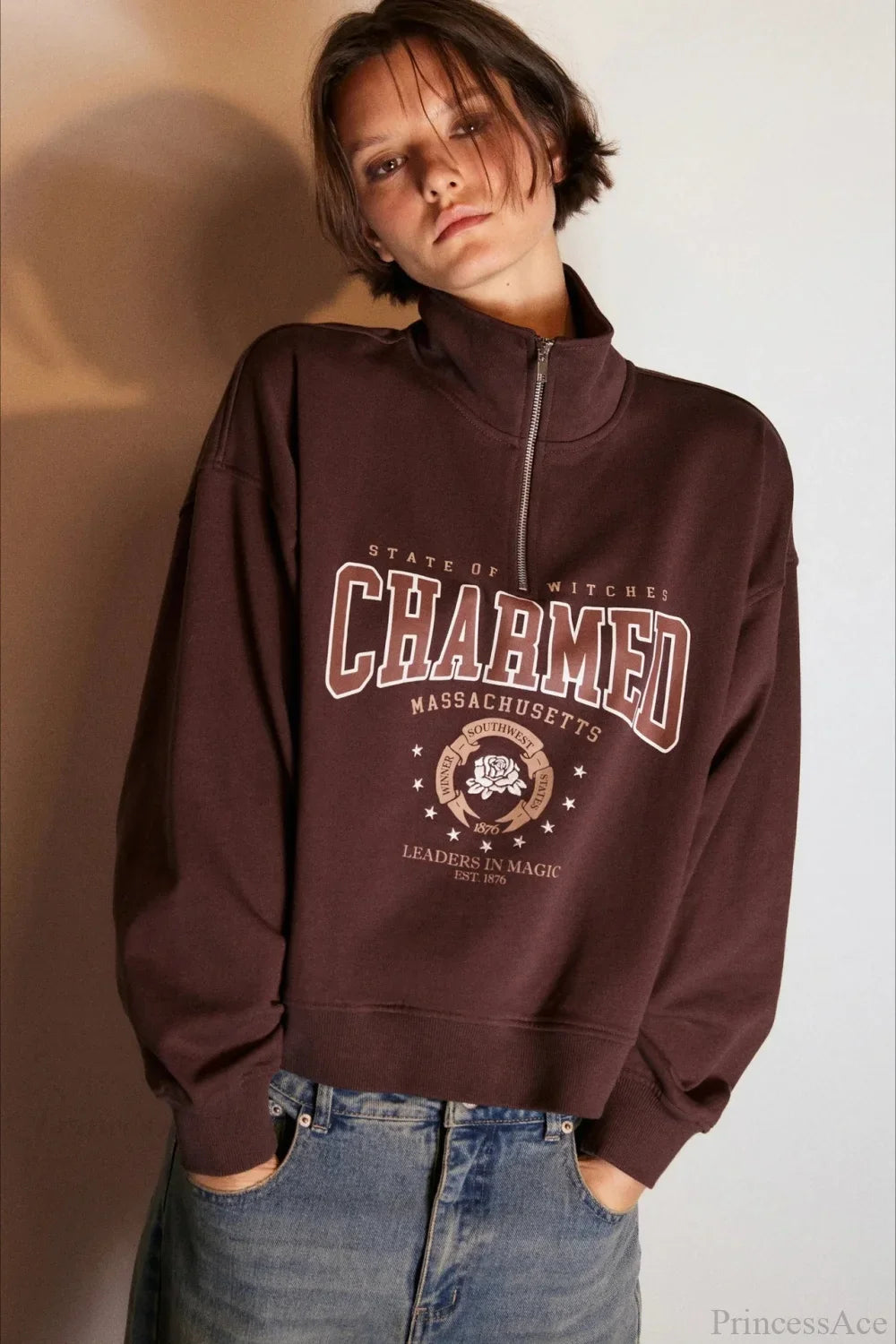 Letter Print Half Zip Stand Collar Loose Sweatshirt