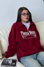 Letter Print Relaxed Convertible Collar Half-Zip Sweatshirt