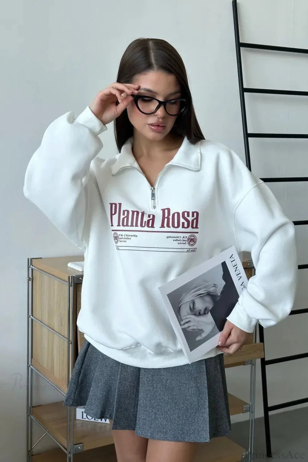 Letter Print Relaxed Convertible Collar Half-Zip Sweatshirt