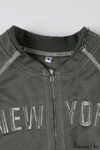 Letter Print Slim Paneled Stand Collar Hoodie