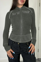 Letter Print Slim Paneled Stand Collar Hoodie