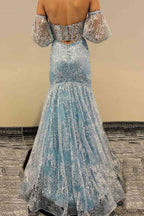 Vestido de fiesta de sirena con corsé de encaje transparente y escote corazón color melocotón
