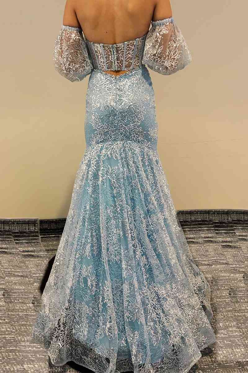 Pfirsichfarbenes Meerjungfrauen-Abendkleid aus transparenter Spitze mit Herzausschnitt