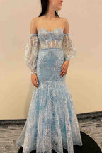 Vestido de fiesta de sirena con corsé de encaje transparente y escote corazón color melocotón