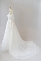Long A-line Appliques Lace Tulle Wedding Dress with Sleeves