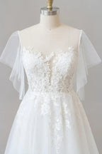 Long A-line Appliques Lace Tulle Wedding Dress with Sleeves