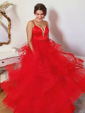 Langes, rotes, A-Linien-Abendkleid aus Tüll mit Herzausschnitt