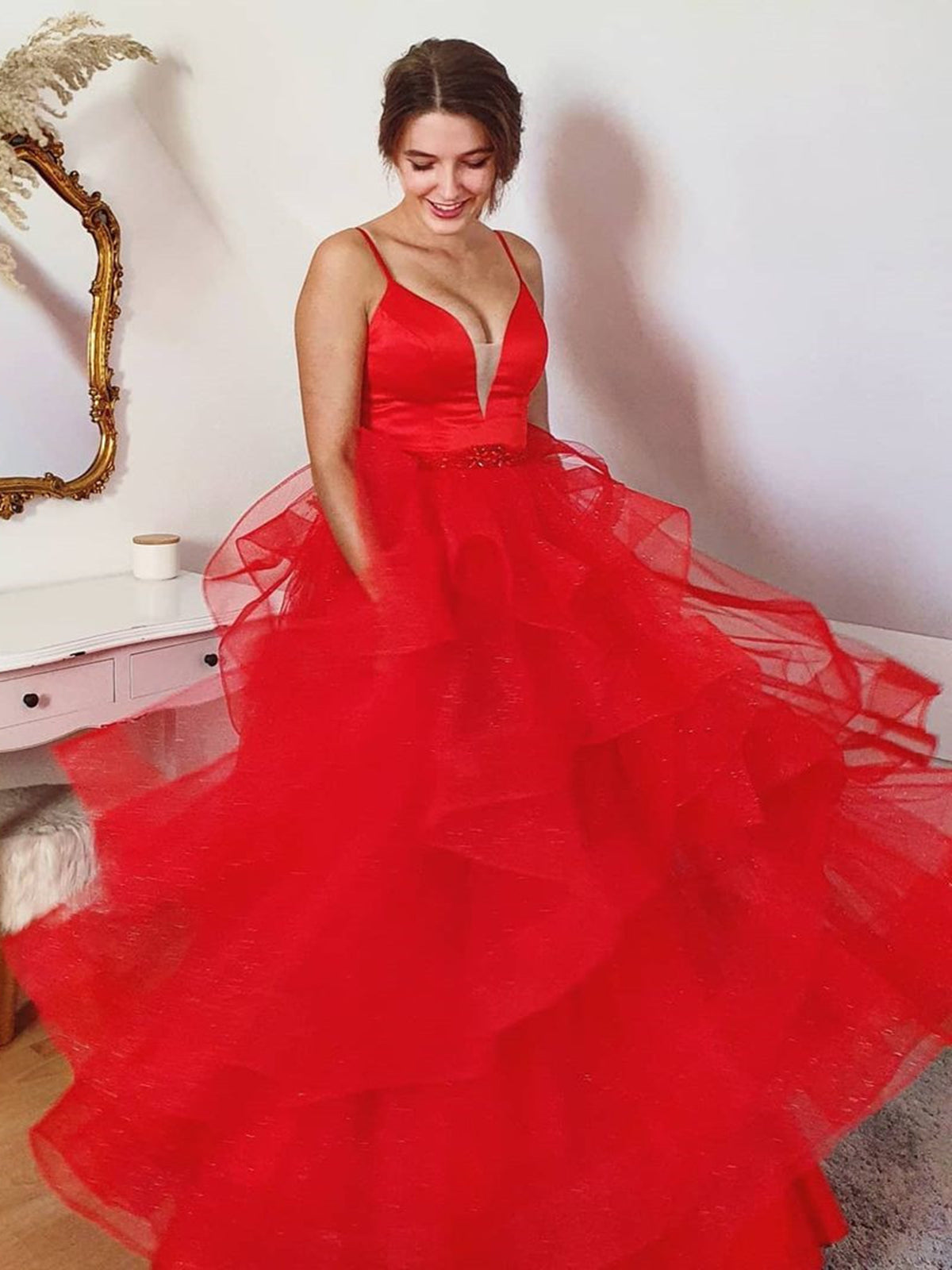 Vestido de fiesta largo de tul con escote en forma de A y escote en forma de corazón, color rojo, para noche formal