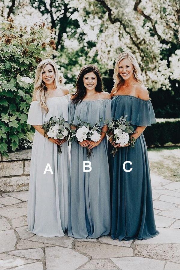 Long Chiffon Off The Shoulder Slate Gray Bridesmaid Dresses