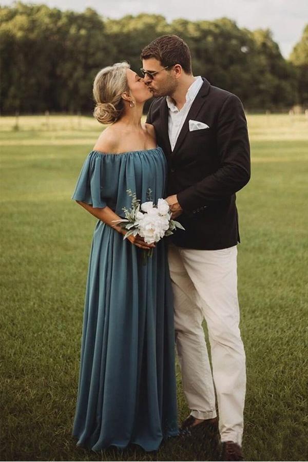 Long Chiffon Off The Shoulder Slate Gray Bridesmaid Dresses