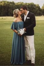 Long Chiffon Off The Shoulder Slate Gray Bridesmaid Dresses