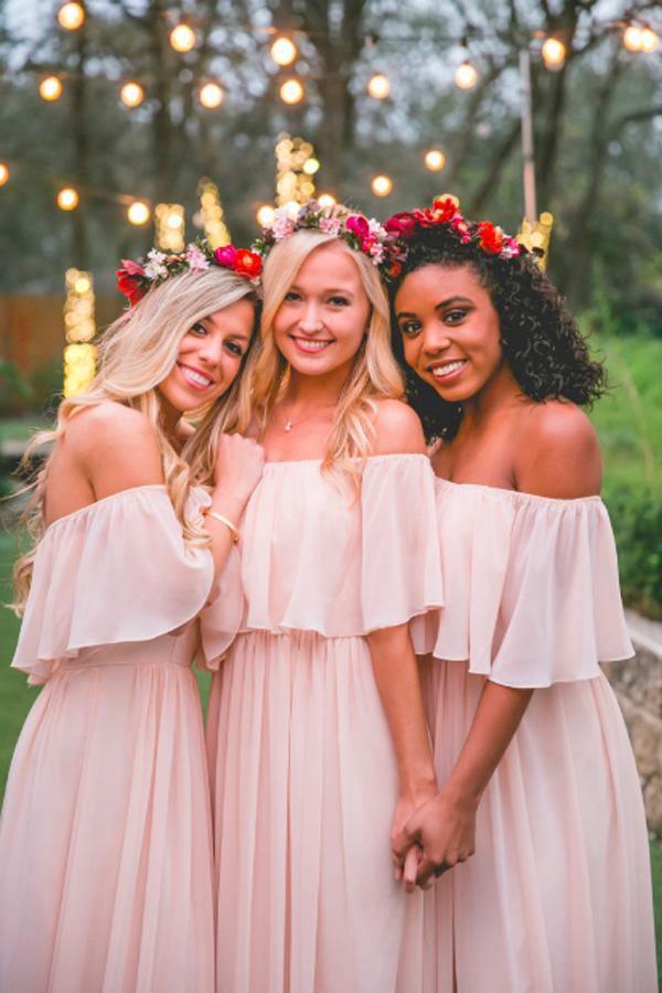 Long Chiffon Off The Shoulder Slate Gray Bridesmaid Dresses