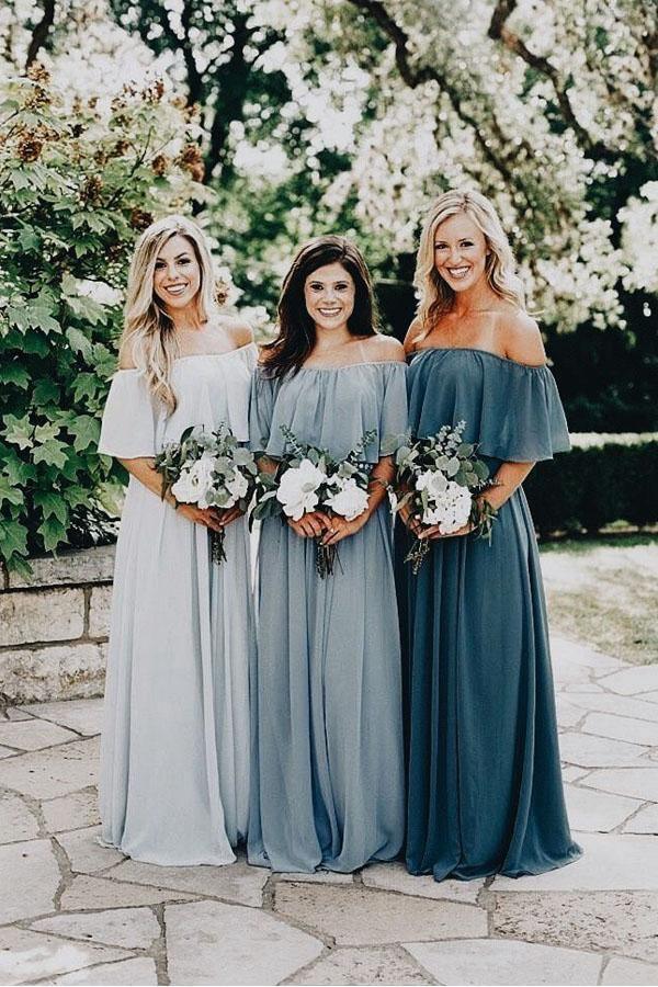 Long Chiffon Off The Shoulder Slate Gray Bridesmaid Dresses
