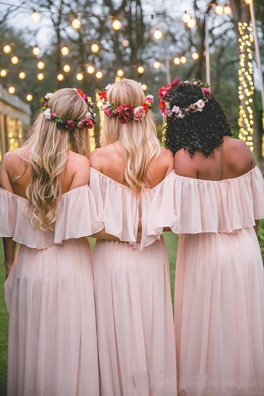 Long Chiffon Off The Shoulder Slate Gray Bridesmaid Dresses