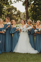 Long Chiffon Off The Shoulder Slate Gray Bridesmaid Dresses