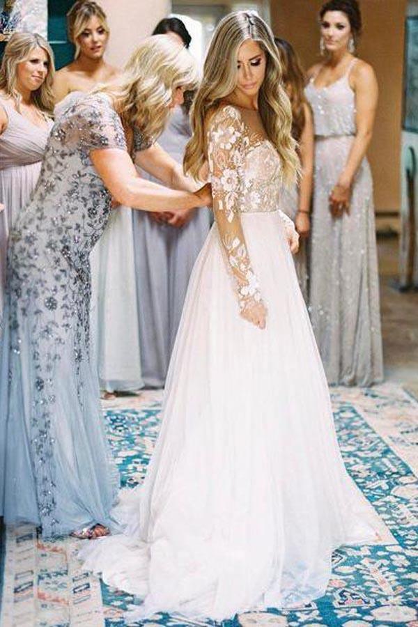 Long Sleeve Ivory Tulle See Through Backless Wedding Dresses