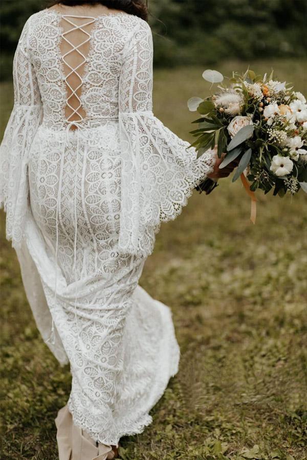 Vestidos de novia de encaje de manga larga Vestido de novia de playa con cordones en la espalda