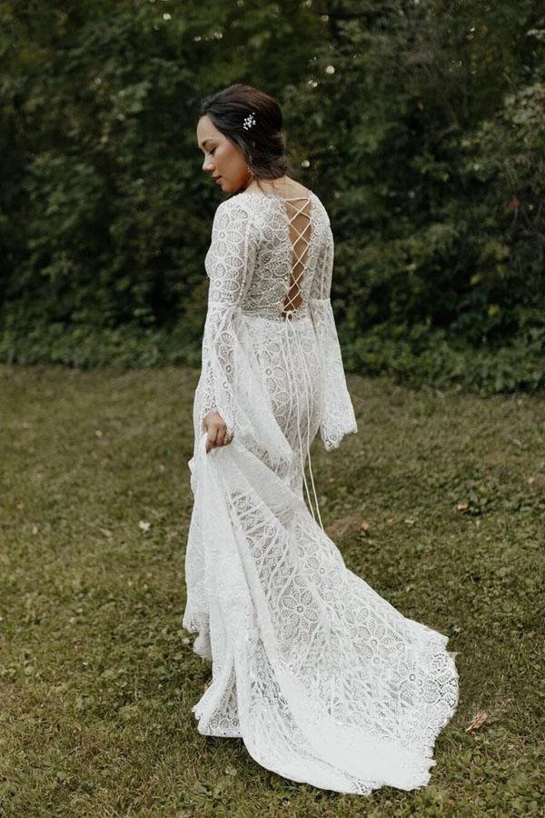 Vestidos de novia de encaje de manga larga Vestido de novia de playa con cordones en la espalda