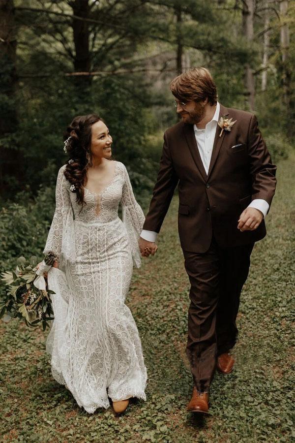 Vestidos de novia de encaje de manga larga Vestido de novia de playa con cordones en la espalda