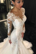Long Sleeves Court Train  Wedding Dress With Lace Appliques