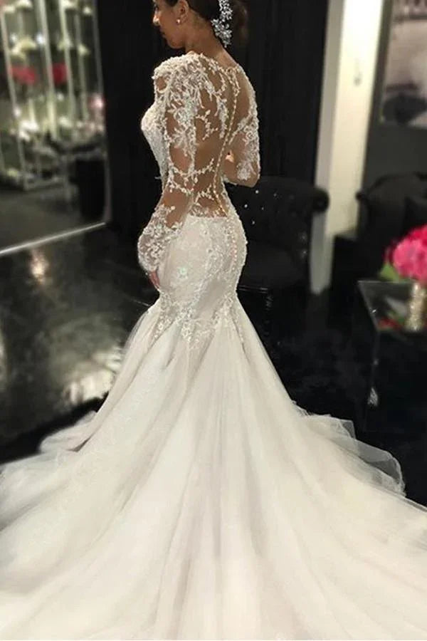 Long Sleeves Court Train  Wedding Dress With Lace Appliques