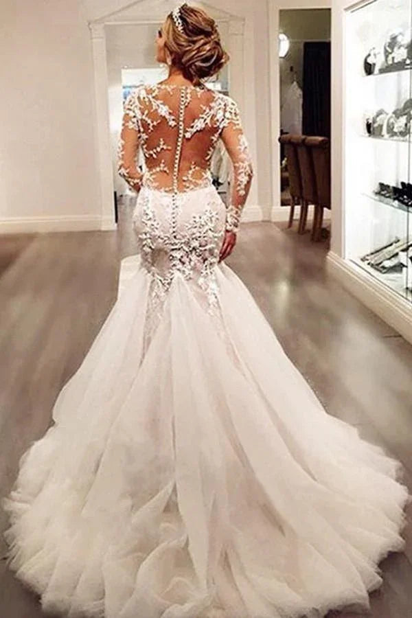 Long Sleeves Court Train  Wedding Dress With Lace Appliques