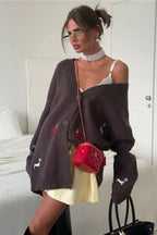 Loose Dachshund Embroidery Knit Button Cardigan