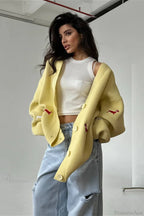 Loose Dachshund Embroidery Knit Button Cardigan