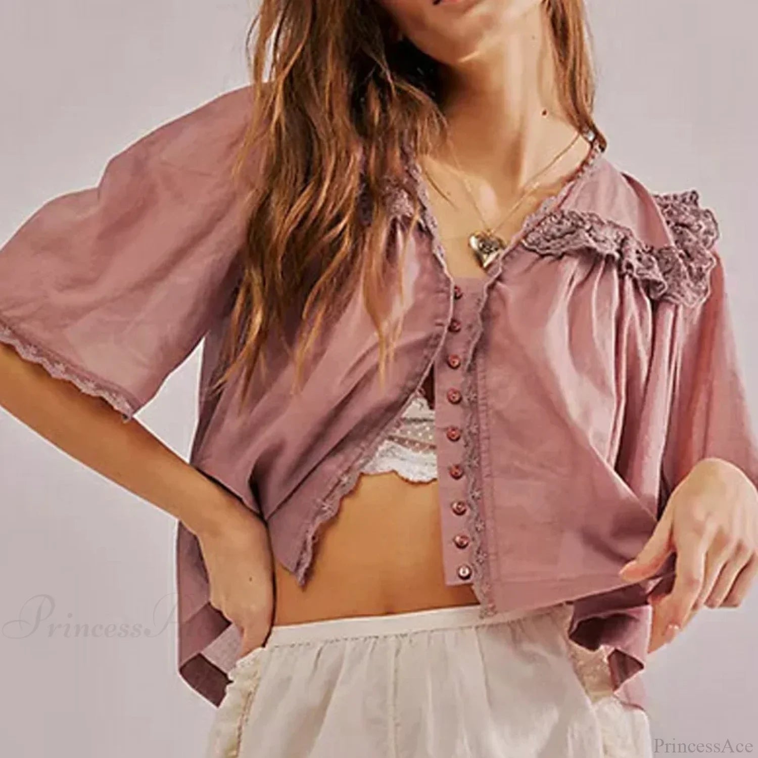 Low Cut Chiffon Ruffle Lace Trim Blouse