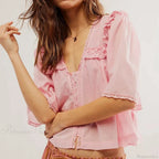 Low Cut Chiffon Ruffle Lace Trim Blouse