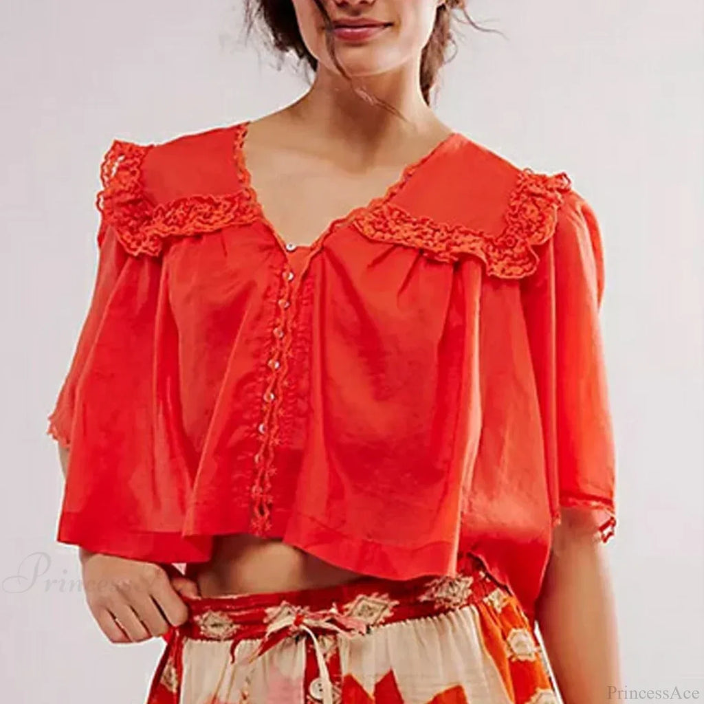 Low Cut Chiffon Ruffle Lace Trim Blouse