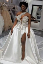 Lujoso vestido de novia largo blanco de un solo hombro sin mangas con joya y cola desmontable