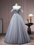 Vestido de fiesta de tul gris con hombros descubiertos y cuentas, vestido formal de tul de corte A, vestido de fiesta