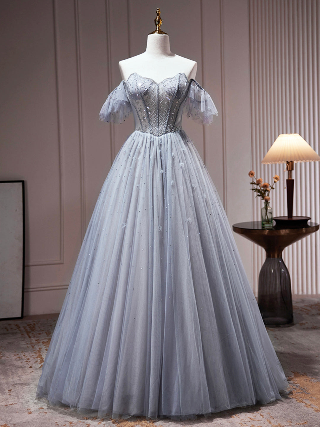 Vestido de fiesta de tul gris con hombros descubiertos y cuentas, vestido formal de tul de corte A, vestido de fiesta