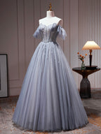 Vestido de fiesta de tul gris con hombros descubiertos y cuentas, vestido formal de tul de corte A, vestido de fiesta