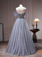 Vestido de fiesta de tul gris con hombros descubiertos y cuentas, vestido formal de tul de corte A, vestido de fiesta