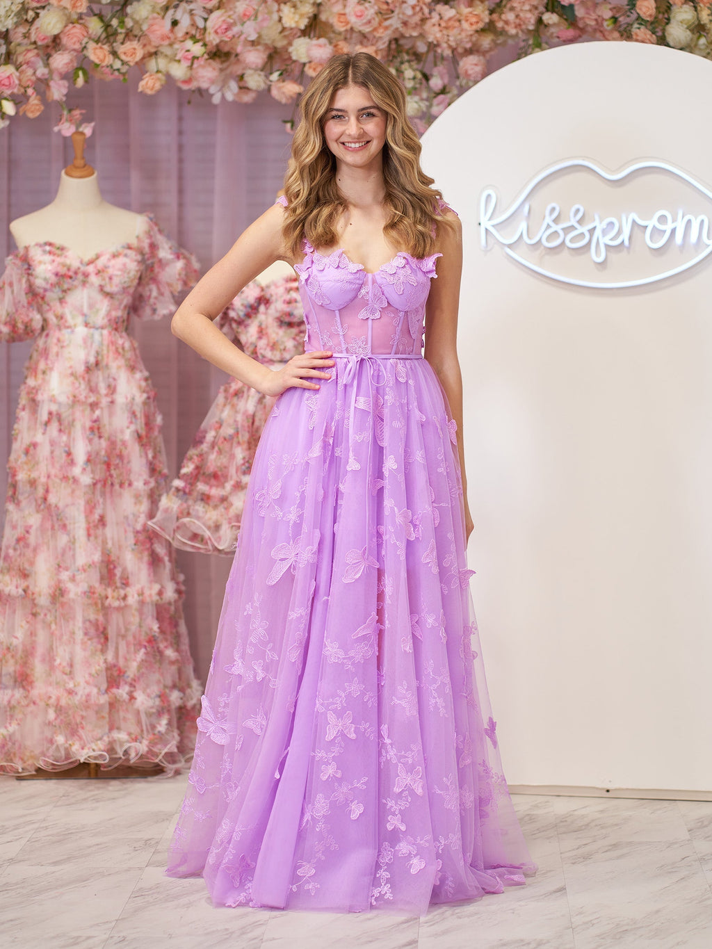 Lilac A-line Butterfly Lace Lilac Corset Prom Dress with Slit