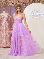 Lilac A-line Butterfly Lace Lilac Corset Prom Dress with Slit