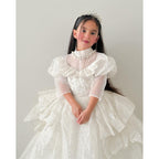 Kommunionkleid für Kleinkinder, Mädchen-Festkleid, weißes Paillettenkleid, bauschiges Prinzessinnenkleid 