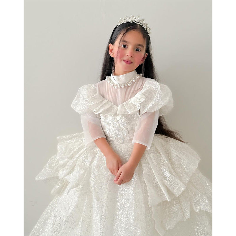 Kommunionkleid für Kleinkinder, Mädchen-Festkleid, weißes Paillettenkleid, bauschiges Prinzessinnenkleid 