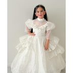 Kommunionkleid für Kleinkinder, Mädchen-Festkleid, weißes Paillettenkleid, bauschiges Prinzessinnenkleid 