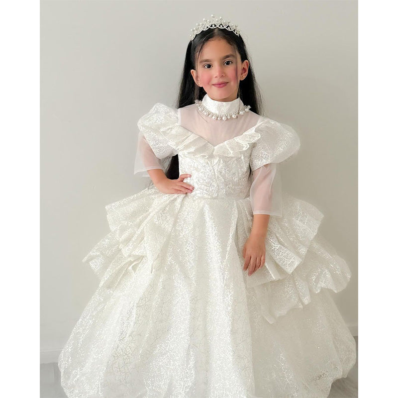 Kommunionkleid für Kleinkinder, Mädchen-Festkleid, weißes Paillettenkleid, bauschiges Prinzessinnenkleid 