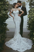 Vestido de novia de encaje de sirena, hermoso vestido de novia con escote corazón, decoraciones en las mangas