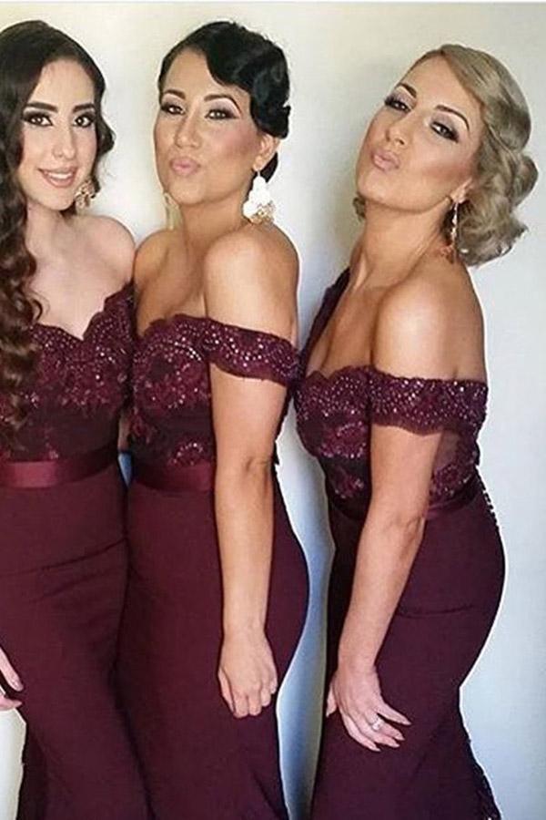 Mermaid Off-the-Shoulder Sweep Train Navy Blue Bridesmaid/Prom Dress